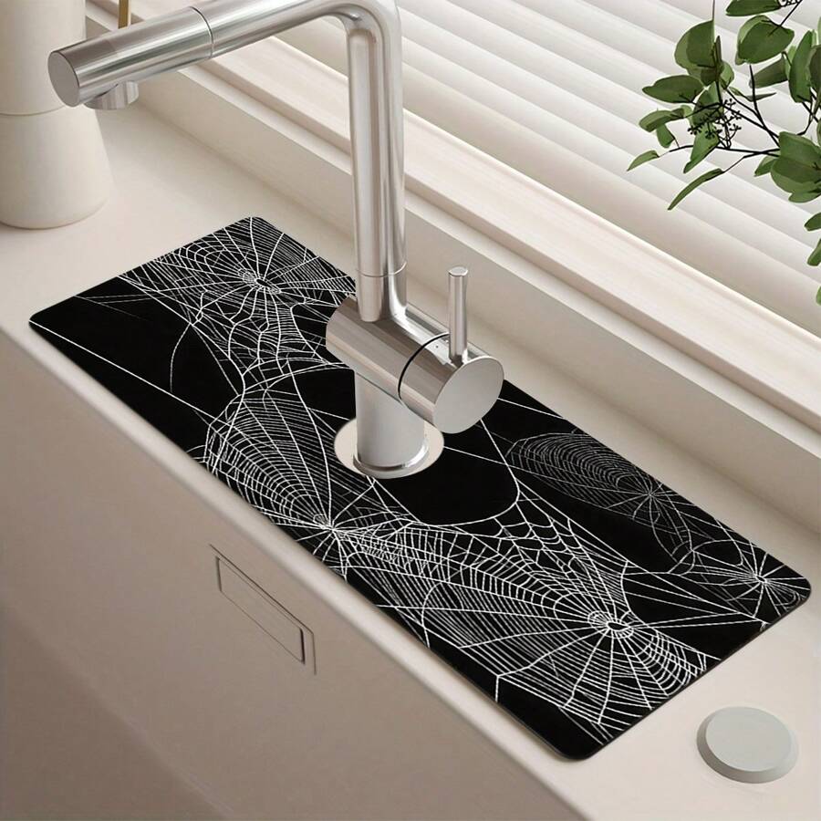 1pc Halloween Faucet Mat, Spider Web Pattern, Sink Faucet Absorbent Mat, Drainage Mat, Suitable For Kitchen, Bathroom Sink, Countertop, Drainage Mat, Diatomaceous Earth Material, Trimmable, Quick Drying Mat - Multicolor - View 1