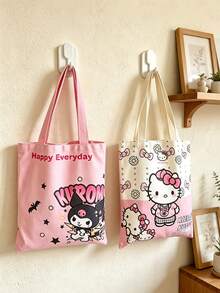 Fisher Price Sweet Macaron Color Anime Print Canvas Tote Bag, "Happy Everyday" Slogan With Stars And Daisy Pattern, Durable Wear-Resistant Fabric Shopping Style Handbag - Multicolor - View 1