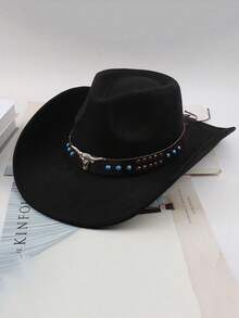 Unisex Western Cowboy Hat, Suede Hat, Black Cowboy Hat, With Metal Bull Head Decoration, Turquoise Color Rivet Leather Strap, Windproof Chin Strap, Suitable For Rodeo, Festival Celebration, Party, Halloween Costume, Bohemian Style Party, Halloween Outfit And Commuting Travel Use. - Multicolor - View 2