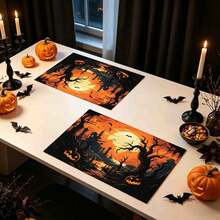 1/4/6pcs Halloween Series Moonlit Forest Castle Pumpkin Pattern Printed Placemats, Heat-Resistant Table Mats For Home Kitchen/Dining Table Protection, Party Scene Decoration - Multicolor - View 3