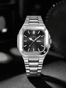 TOMI Men's Quartz Watch Set With Logo Brooch And Ring, Fashion High-End Business Style, Diamond-Studded Dial, Square Face, Calendar, Gift Box Set, Suitable For Daily Wear And Business Activities, Father's Day Gift, Valentine's Day Gift, Christmas Gift, Year-End - Silver - View 3