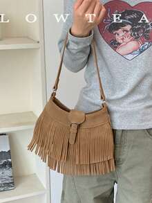 low tea 1pc Tassel Buckle Suede Fabric Shoulder Bag, Suitable For Commuting, Shopping And More - Light Khaki - View 13