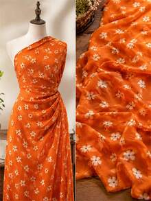 1pc Vintage White Daisy Print Orange Chiffon Fabric, Lightweight Smooth Semi-Transparent Material, Elegant Drape, Suitable For Summer Outfits, Fashion Haute Couture, Holiday Decor, DIY Crafts And Clothing Sewing - Multicolor - View 9