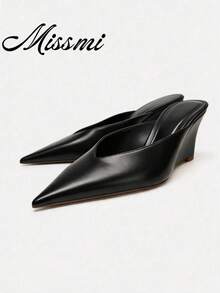 Vintage Premium Wedge Heel Pointed Toe Leather Shoes New Versatile Comfortable Commute Evening Style Loafers For Women - Black - View 2