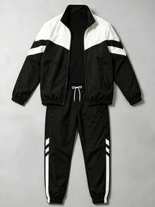 1 Set Men's Spring/Autumn 2 Pieces Sports Outfit, Colorblock Stand Collar Jacket With Side Stripe Joggers, Casual Men's Set - Black and White - View 4