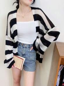 1PC Spring/Summer New Korean Style Colorblock Mohair Long Sleeve Loose Striped Knit Cardigan Women's Top Sun Protection Jacket - Multicolor - View 1