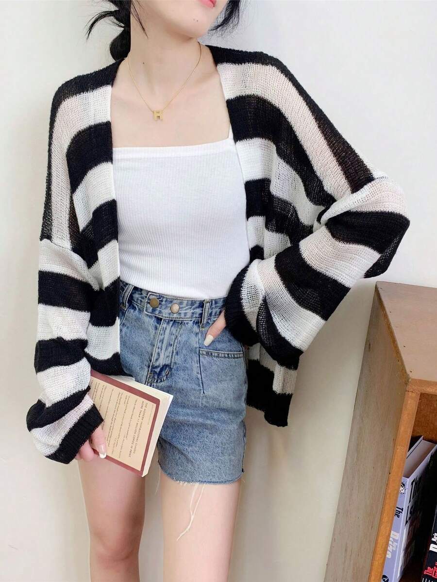 1PC Spring/Summer New Korean Style Colorblock Mohair Long Sleeve Loose Striped Knit Cardigan Women's Top Sun Protection Jacket - Multicolor - View 1