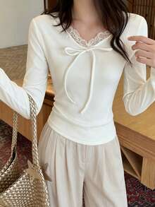 Women's Lace V-Neck Fitted Long Sleeve T-Shirt Inner Layer Top - White - View 2