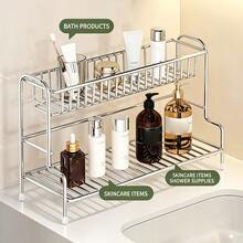 Countertop Storage Rack, Hollow Drainage Rust-Proof Sink Organizer With Side Guardrail, Dual-Purpose Storage Rack Suitable For Bathroom Skincare, Cosmetics And Kitchen Seasoning Bottles, Non-Slip Elevated Rubber Feet Keep Countertop Dry - Multicolor - View 2