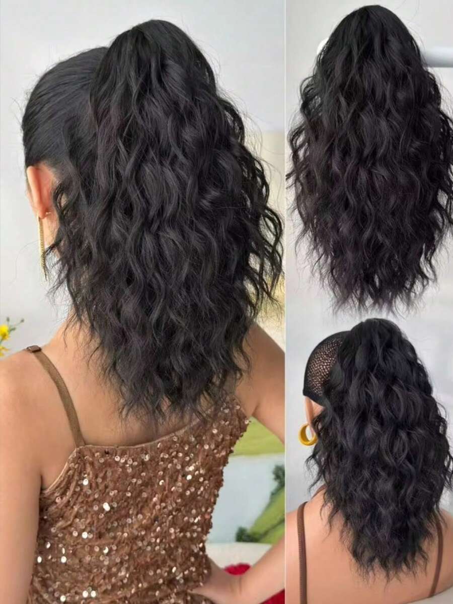 16 Inch Short Wavy Ponytail Synthetic Hair Extension Clip-In Ponytail Wig For Women Daily Voluminous Ponytail (Black) - Multicolor - View 1