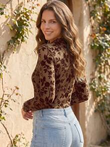 Acelitt Brown Floral Embossed Waffle Knit Slim Fit Long Sleeve Top, Wavy Hem Casual Round Neck T-Shirt - Brown - View 2