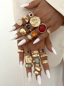 20pcs/6pcs Vintage Elegant Casual Style Women Metal Rings Inlaid With Colorful Resin Gemstones Suitable For Daily Wear, Vacation And Party Occasions, Gift Giving And Outfit Matching Exaggerated Jewelry - Gold - View 4
