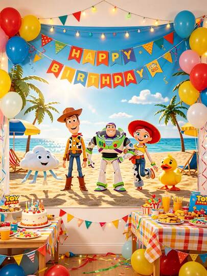 A Summer Beach Birthday Background Banner Themed After Disney's Toy Story, Featuring 4 Different High-Definition Patterns, Including Halloween, Christmas, Birthday, And Holiday Party Photo Background Decorations.