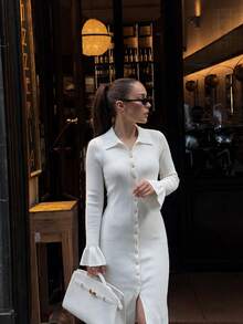 NOVELLE Women Elegant White Polo Collar Long Sleeve Fall Winter Knit Maxi Dress For Date Party Daily Commute Gathering Outing - White - View 2
