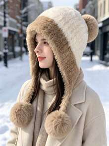 Colorblock Plush Warm Ear Protection Windproof Winter Hat With Pom Pom And Tassel, Soft Warm Headwear For Women, Suitable For Snow Outdoor Daily Wear, 4 Colors Available - Multiple Styles - View 16