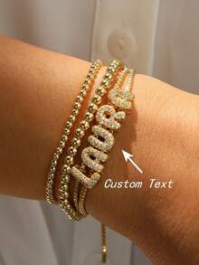 1 pieza Pulsera con dije de letra de nombre de burbuja de doble capa personalizada, cadena deslizante con inicial 3D acolchada en oro, regalo personalizado de moda para ella - Letras de oro y circonita - Ver 10