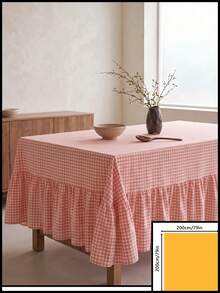 1pc Pink And White Small Checkered Tablecloth, Warm Pastoral Style, Fabric Material, Rectangular Long With Ruched Edge And Pleated Detail, Decorative And Functional, Suitable For Daily Home Dining Scenes - Pink - View 15