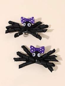 2PCS Halloween Ribbon Hair Clips For Girls,Cute Polka‑Dot Bow Spider Hair Barrettes For Halloween Party Costume,Kids Hair Accessories - Multicolor - View 4