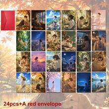 24pcs + 1 Red Envelope, Beautiful & Postcards, Daily Life Scenes Postcards, Girl Enjoying Quiet Time With Text Blessings, Suitable For Friends, Seasonal Greetings - Sets - View 8