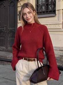 Autumn Women Red Turtleneck Knit Sweater Half High Neck Raglan Long Sleeve Cuff Tops Elegant Vacation Going Out Outfits For Women - Red - View 7