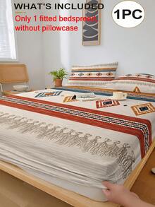 1PC Bohemian Style Printed Fitted Sheet (Only Fitted Sheet, No Pillowcase), Rhombus Geometric Stripe Pattern, Soft Bedroom Bedding, Suitable For Bedroom, Guest Room, School Dorm, Easy To Remove And Machine Washable, All-Season Mattress Protector - Multicolor - View 1