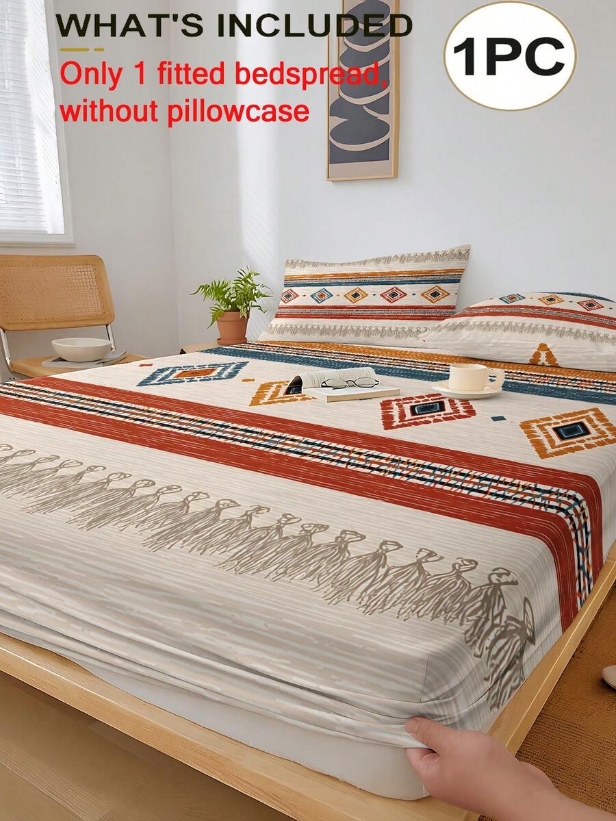 1PC Bohemian Style Printed Fitted Sheet (Only Fitted Sheet, No Pillowcase), Rhombus Geometric Stripe Pattern, Soft Bedroom Bedding, Suitable For Bedroom, Guest Room, School Dorm, Easy To Remove And Machine Washable, All-Season Mattress Protector - Multicolor - View 1