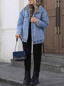 HAPPY GIRL# Plus Size Women's Versatile Casual Fashion Spring Autumn Winter Blue Y2K Student College Young Style Denim Jacket - Blue - View 4