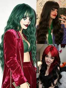 26"/28" Dark Style Women's Long Wavy Synthetic Wig With Bangs, Dark Brown/Green/Red/Red Highlight Black, Colorful Full Head Cosplay Wig (Includes Wig Cap), Heat Resistant Fiber Wig, Suitable For Halloween Costumes And Party Role Play - Multicolor - View 3