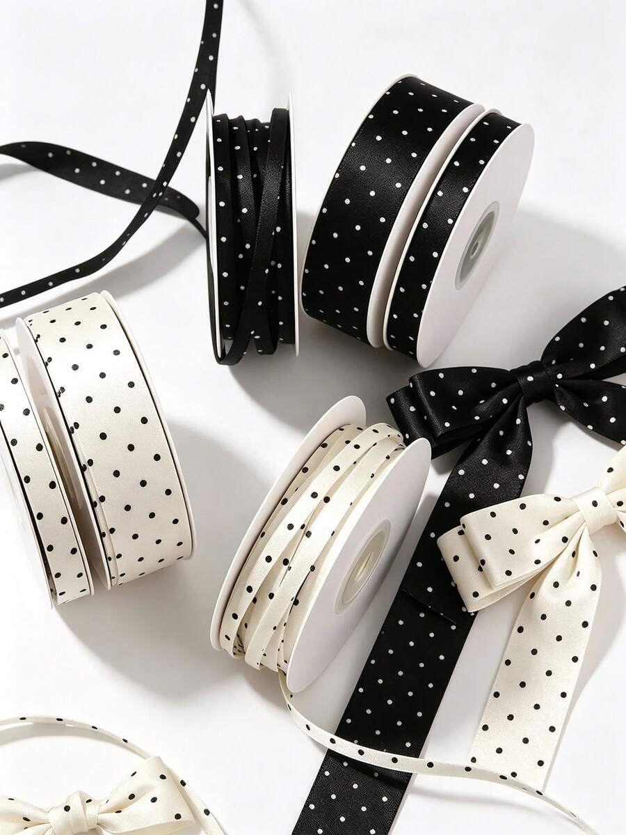 8mm Double-Sided Polka Dot Embossed Silk Ribbon, Black And White Polka Dot Silk Ribbon, DIY Bow Hair Accessories Hairband Ribbon - Multicolor - View 1