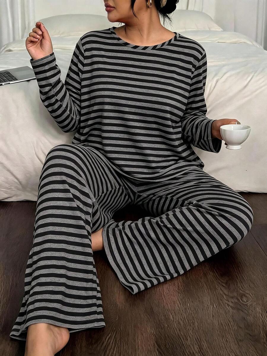 Women's Plus Size Pajama Set, Striped Print, Long Sleeve Long Pants Loungewear Set, Autumn/Winter Clothing - Dark Grey - View 1