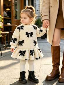 Infant Girls Winter Plush Thick Bow Print Dress, A-Line Silhouette, Soft And Comfortable, Cute And Sweet, Loose Fit, Suitable For Baby Girls Home Wear And Daily Outfits - Apricot - View 1