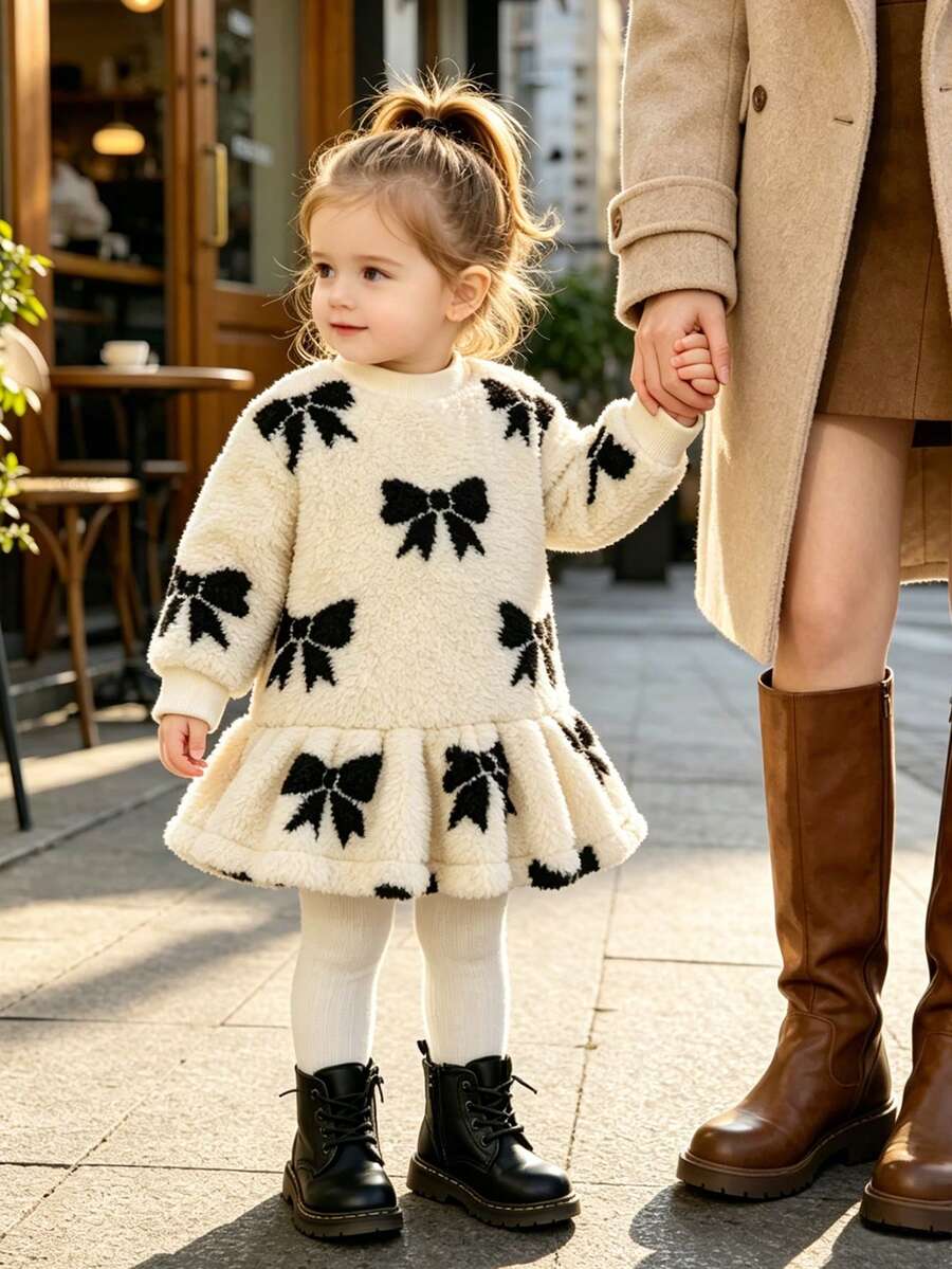 Infant Girls Winter Plush Thick Bow Print Dress, A-Line Silhouette, Soft And Comfortable, Cute And Sweet, Loose Fit, Suitable For Baby Girls Home Wear And Daily Outfits - Apricot - View 1