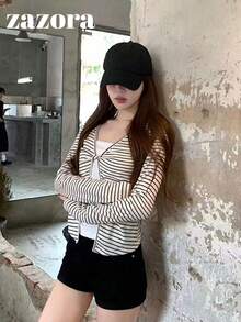 White With Black Stripes 2 In 1 Long Sleeve T-Shirt, Korean Style Slim Fit High-End Flattering Short Top - White - View 7