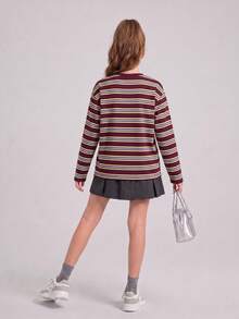 Camiseta de punto de manga larga con cuello redondo, rayas rojas y blancas, holgada, casual, estilo streetwear retro campus, versátil y de moda - Rojo - Ver 4