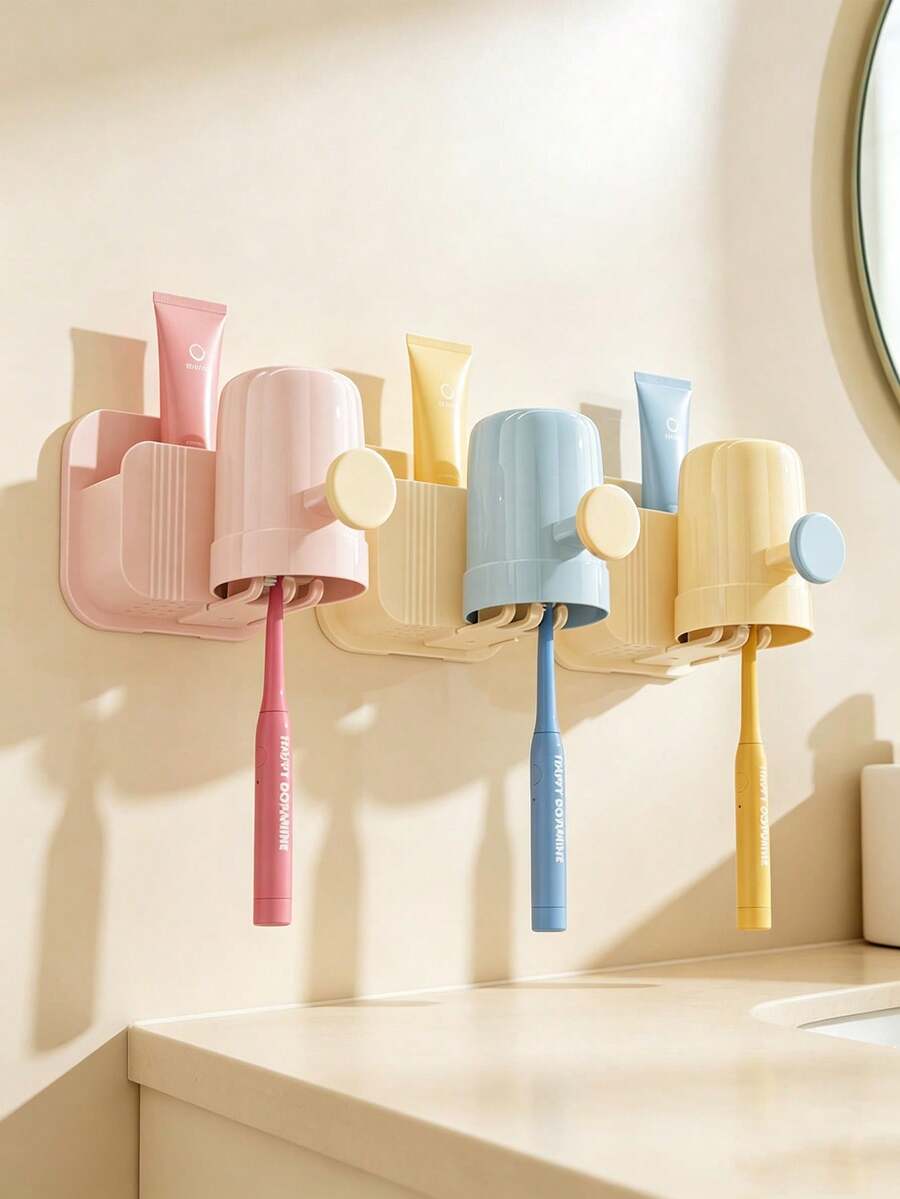 1PC/6pcs Wall‑Mounted Toothbrush Holder With Matching Cup, Punch‑Free Bathroom Storage Rack, Multi‑Function Toothpaste Organizer, Hollow Drainage Design, Space‑Saving Daily Accessory For Home Bathroom Vanity Wall Application