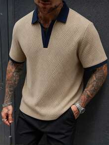 WAIT HIM Men's Casual Textured Short Sleeve Polo Shirt - Apricot - View 1