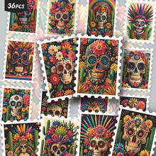 36PCS Vibrant Mexican Sugar Skull Stickers, Colorful Floral Cactus Feather Rainbow Decor Day Of The Dead Bright Folk Art Skull Portrait Cutout Set For Journals, Planners & Laptops - Stamp - View 10