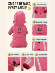 1pc Pet Hooded Raincoat With Extra Large Brim, Polyester Material, Reflective Strips, Full Protection, Adjustable Magic Waist Strap, Cute Animal Pattern, Waterproof Design, Suitable For Small And Medium Dogs All Year Round, Waterproof Dog Raincoat, Hooded Dog Raincoat, Dog Raincoat - Multicolor - View 8