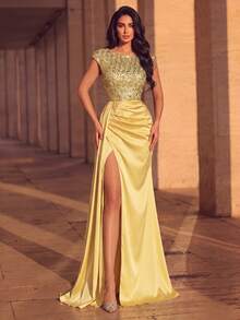 Elegant Round Neck Sequin Evening Gown, High Slit Draped Skirt, Suitable For Formal Dinner, Wedding, Studio Photography, Bridal Portrait - Gold - View 1