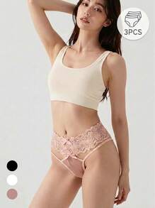 Mystèrelle 3pcs Floral Lace Waistband T-Back Panties With Bow Decor Spaghetti Strap Women's Underwear - Multicolor - View 1
