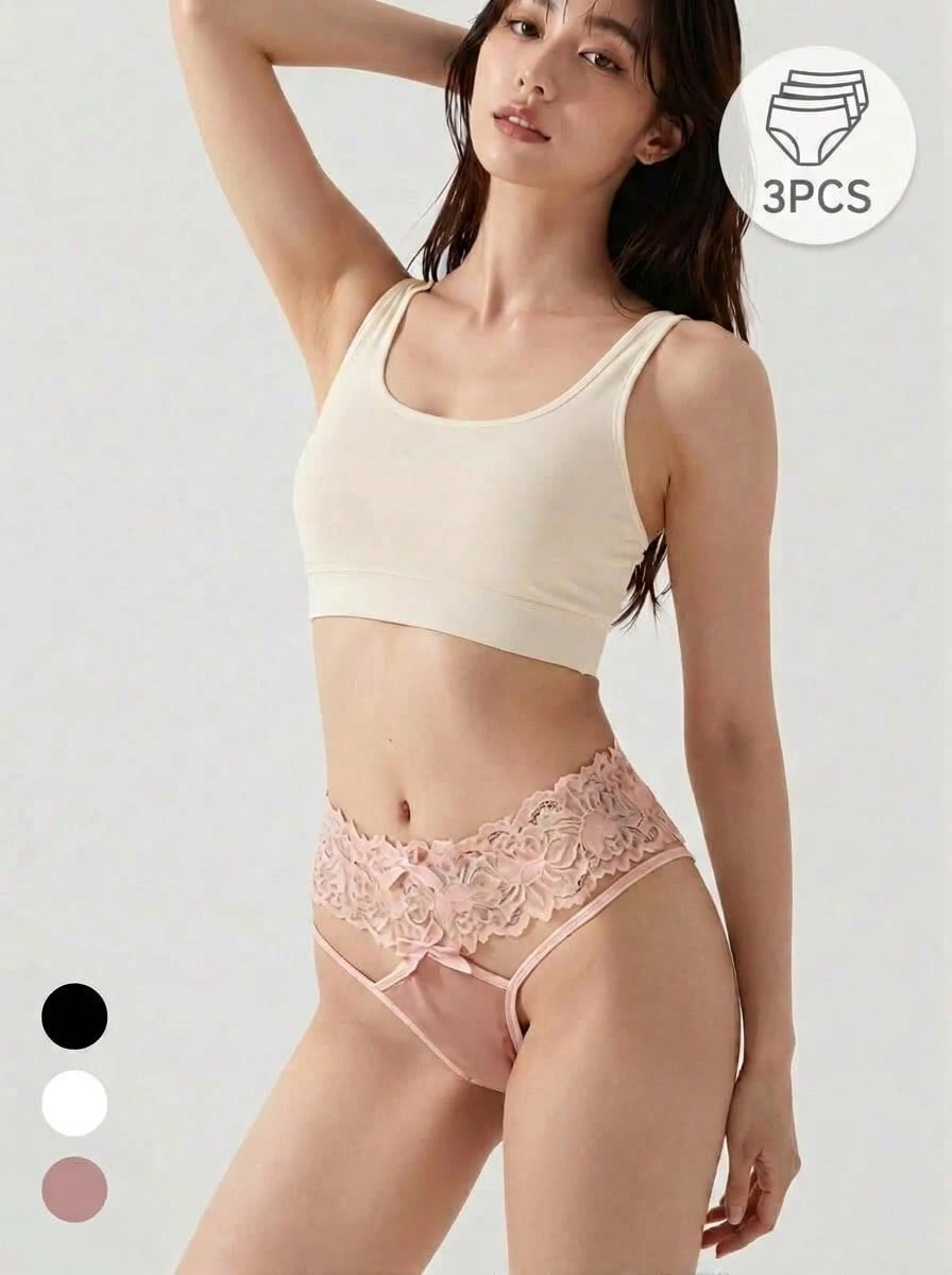 Mystèrelle 3pcs Floral Lace Waistband T-Back Panties With Bow Decor Spaghetti Strap Women's Underwear - Multicolor - View 1