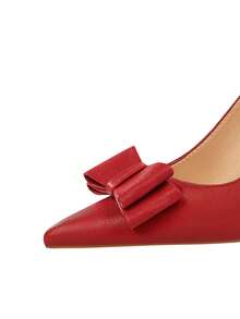 Korean Style Panne Velvet Bow Decor Pointed Toe Slip-On Stiletto Ultra High Heel Women's Shoes - Red - View 7