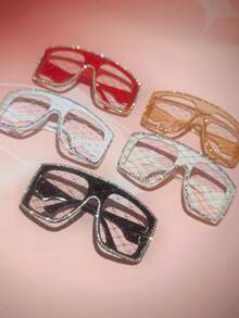 1pc Rhombus Glitter PC(Polycarbonate) Women's Rhinestone Trimmed Large Frame One-Piece Decorative Glasses Frame Hollow Mesh No Lens Party Photo Shoot Costume Accessory All Season - Multicolor - View 6
