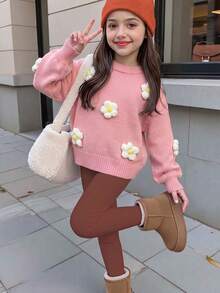 Girls' Autumn/Winter Round Neck Sweater With 3D Flower Decoration, Loose Fit Drop Shoulder Pullover Long Sleeve Knit Top - Pink - View 3