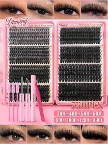 730Pcs 30D-160D Mixed D Cluster Lashes Book Set10-16mm Thick Volume Individual False EyelashesKit With Tweezers & Glue - Black - View 1