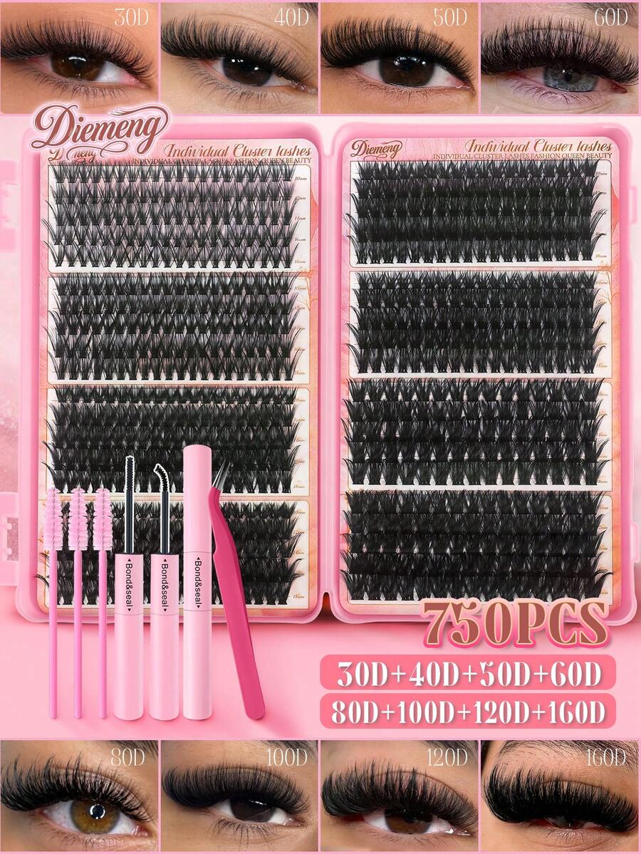 730Pcs 30D-160D Mixed D Cluster Lashes Book Set10-16mm Thick Volume Individual False EyelashesKit With Tweezers & Glue - Black - View 1