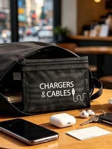 網格拉鍊收納袋，印有「Chargers And Cables」字母圖案，多功能便攜收納包，數位配件包、化妝包、保養品包、零錢包、旅行盥洗包，適用宿舍用品、婚禮新娘禮物、生日禮物、送給朋友與老師的禮物，浴室收納 - 彩色 - 查看 4