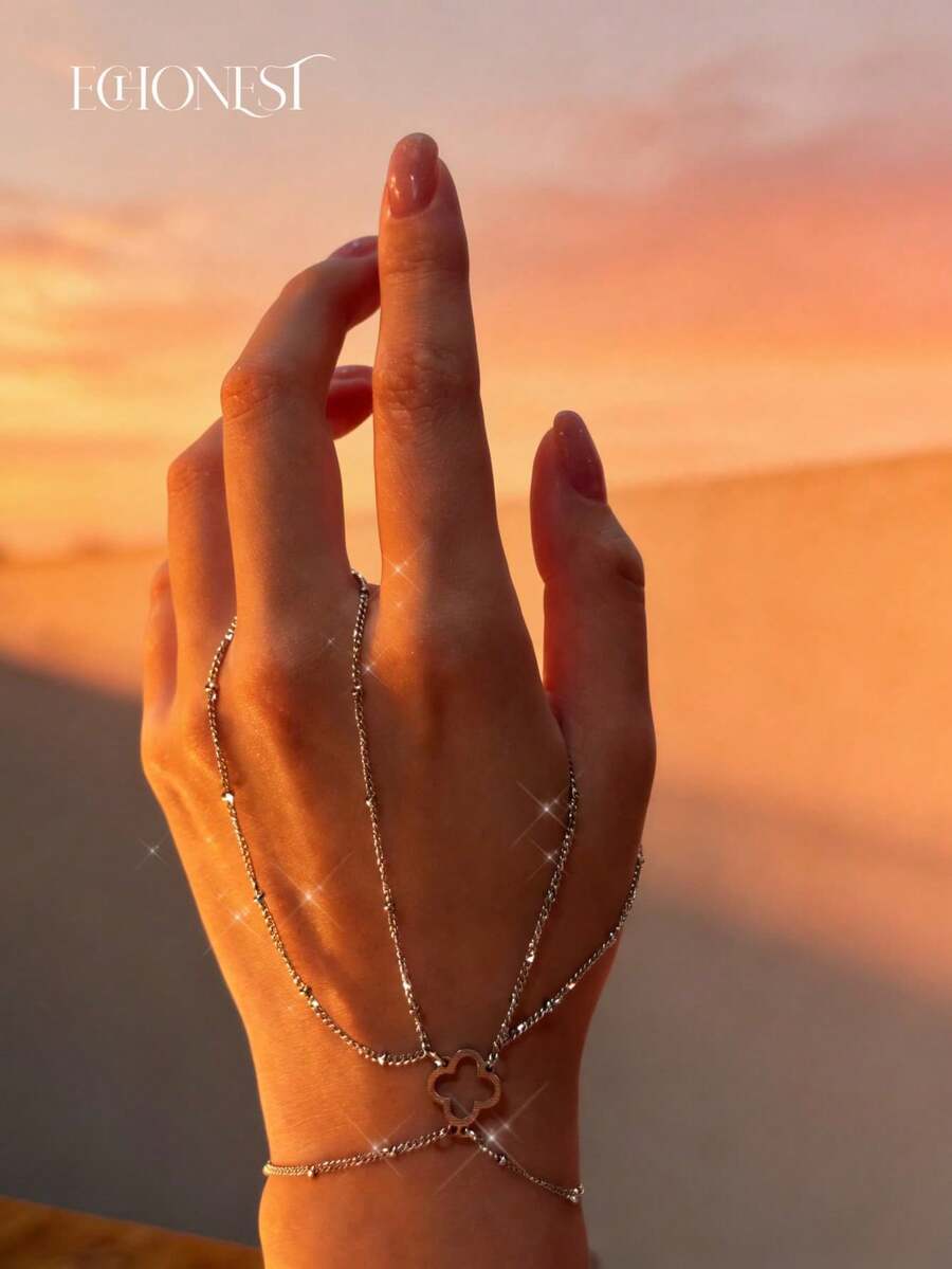 EchoNest 1pc Silver Stainless Steel Four-Leaf Clover Linked Finger Bracelet, Double Layer Finger Chain Decorative Accessory For Vacation And Party - Silver - View 1