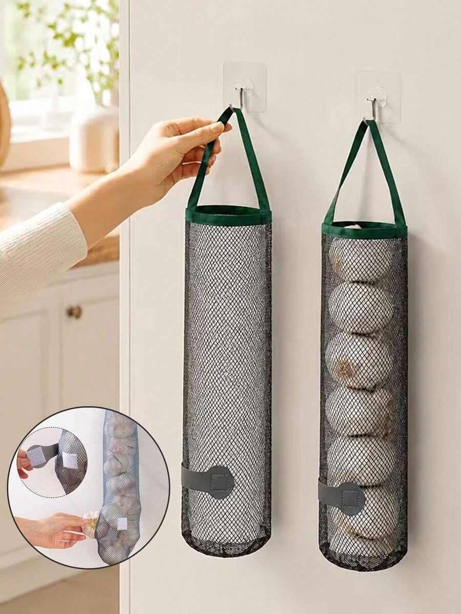 Multifunctional Kitchen Storage Mesh Bag With Hook - Portable Handheld Hollow Breathable Ginger & Garlic Wall-Mounted Organizer | Home Essential Accessory, Kitchen Fruit & Vegetable Storage Bag Wall-Mounted Moisture-Proof Ventilated Ginger & Garlic Storage Reusable Handheld Hollow Fruit Bag - Multicolor - View 1