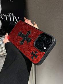 1pc Red Leather Glitter Cross Color Block Anti-Drop Spray Painted Phone Case Suitable For 18promax/17promax - Red - View 4